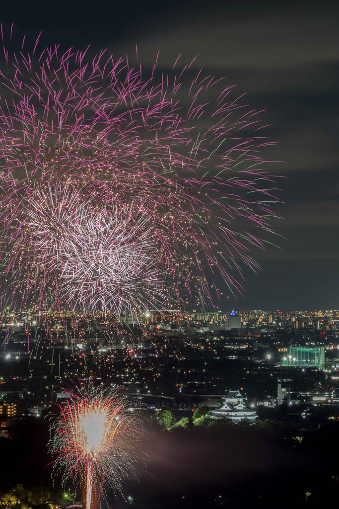街の夜景を背景に打ち上がるピンク色の花火